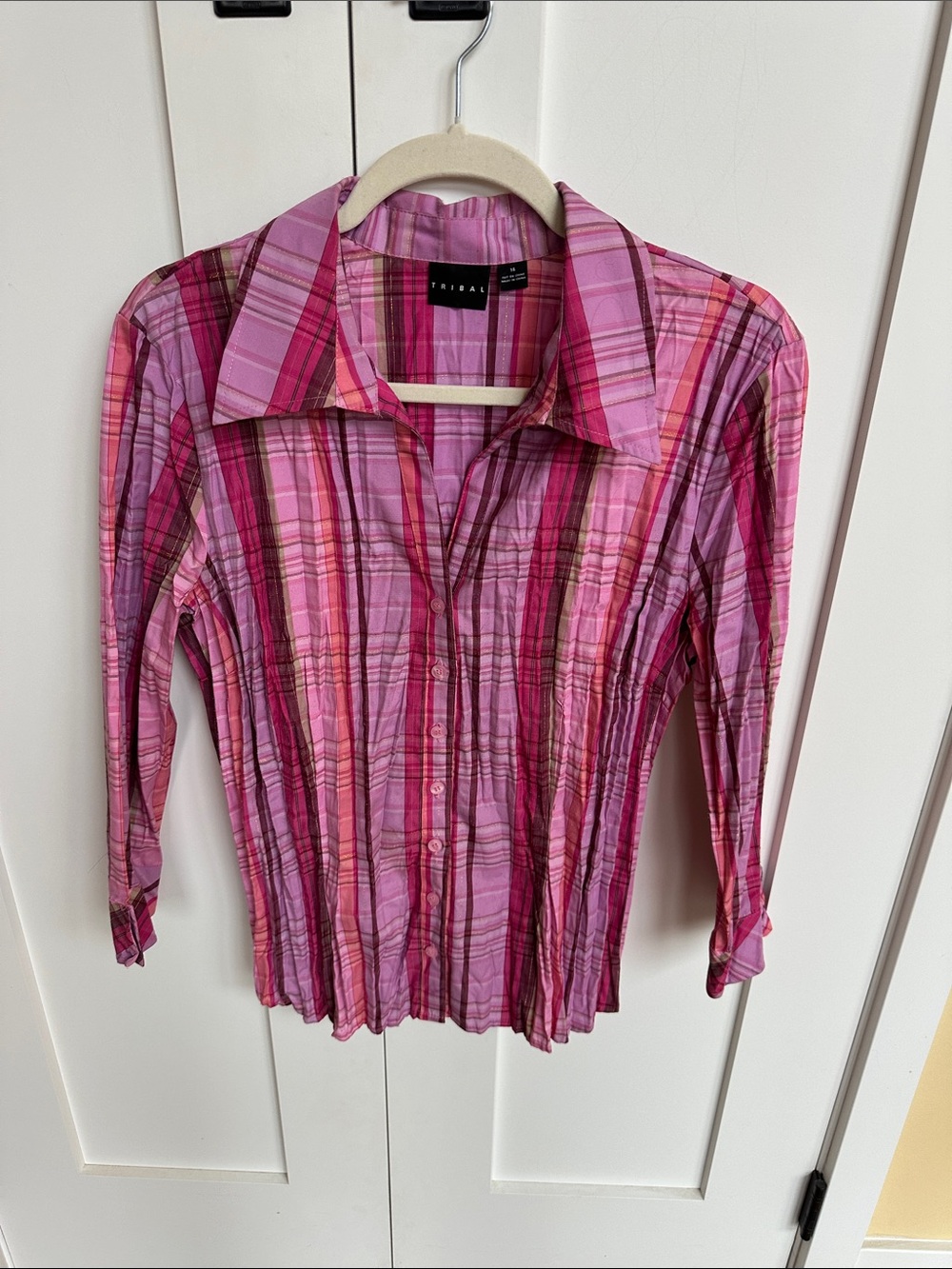 Tribal Pink Plaid Button-Down Top Size 14